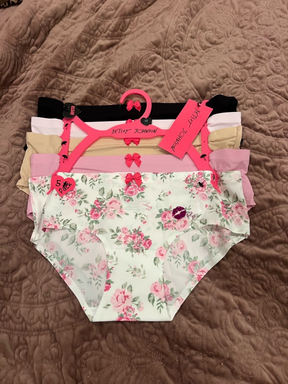 Betsey Johnson women’s  Floral Pink Black White Beige 5-Pack Bikini Underwear
